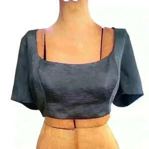 Fame and Partners Sz 8 Fitted Crop Top Blouse Black Satin Party Date Sexy NWT
